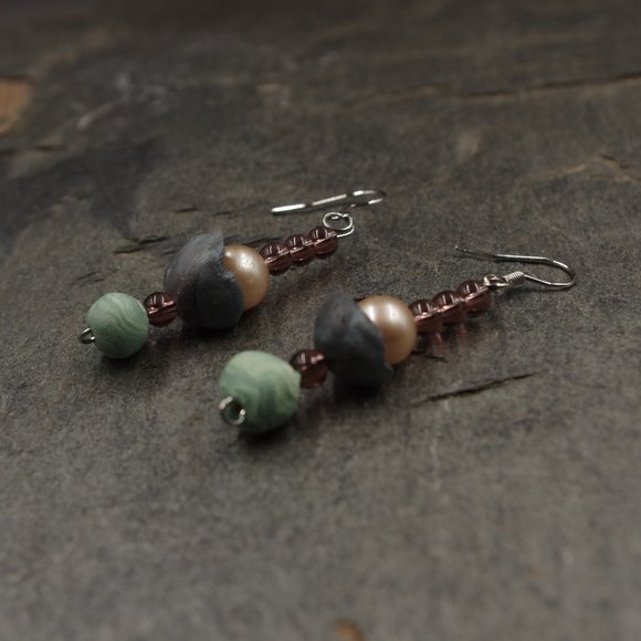 Boho Dangle Beaded Earrings with Pearls and Handmade Polymer Clay Beads - Picture 3 of 6